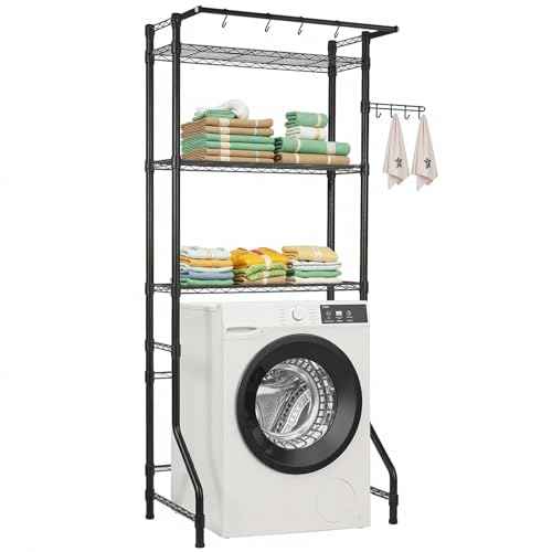 VEVOR Over The Washer and Dryer Storage Shelf, 3 Tier Laundry Room Drying Rack with Hanger Rod and Hooks, Adjustable Over Washer and Dryer Shelves, Laundry Room Shelf Storage Space Saver, Black