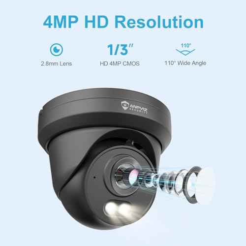 Anpviz 4MP PoE Camera Black, Full Metal Turret Security IP Camera Outdoor Indoor, Smart Dual Light Color Night Vision, AI Human Motion Detection, Built-in Mic, 2.8mm Lens, NDAA