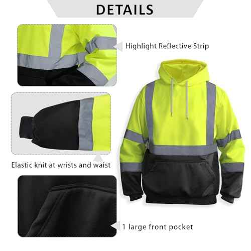Hi Vis Hoodie for Men Safety Hoodies for Men Reflective with Black Bottom, High Visibility Hoodie for Men with Construction Worker, Meets ANSI, Yellow-JRWY-XL