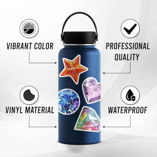 Pack 50 Pcs Cute Crystal Diamond Gemstone Stickers for Water Bottles Laptop Luggage Computer Scrapbooking Kids Teens Girls Adults Aesthetic Waterproof Sticker Small Vinyl Decals