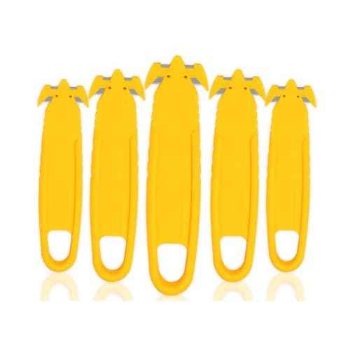 Safety Box Cutter, T TOVIA SK2 Stainless Steel Concealed Blade Package Opener with Tape Splitter for Cartons, Cardboard, Wrap, Straps, Film (5 Pieces - Yellow)