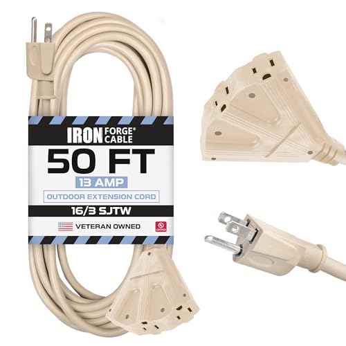 Iron Forge Cable Weatherproof 50 Ft Outdoor Extension Cord - 3 Outlet 16/3 SJTW Heavy Duty Light Brown Extension Cord 3 Prong - 13 Amp Power Cable