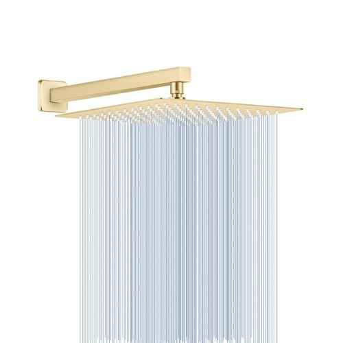 12 Inch Brushed Gold Rain Shower Head with Extension Arm, Rainfall Square Showerhead with 16 Inch Shower Arm All Stainless Steel, 144 Outlets Waterfall Full Body Coverage