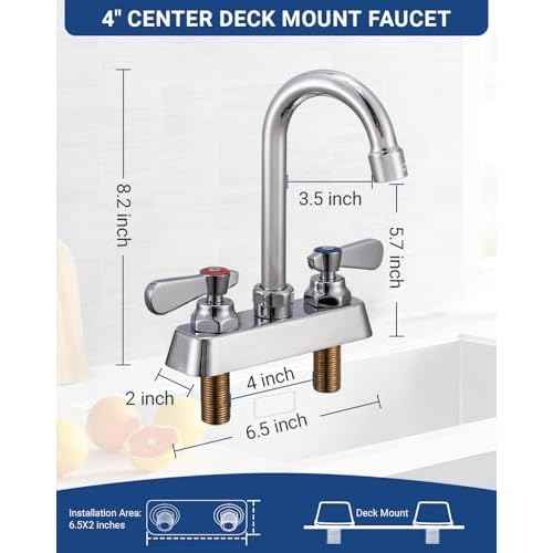 Commercial Kitchen Faucet 4" Center Deck Mount Commercial Bar Hand Sink Faucet with 3-1/2" Gooseneck Spout 2 Lever Handles Laundry Tub Utility Sink Faucet, Brass, Ceramic Valve