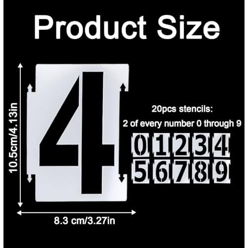 4 Inch Number Stencils for Painting, 0-9 Address Number Stencil Set, 20PCS Plastic Number Stencils, Curb Stencil Kit, Reusable Digital Templates for Painting on Cake Curb Road Wall Wood Mailbox
