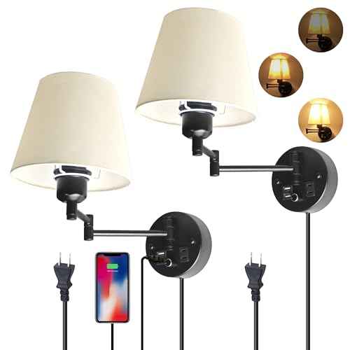 Wall Mounted Bedside Lamps with USB and 2 Pin Socket,Bedroom Sconces Set of 2 Cord and Switch,Dimmable Swing Arm Wall Sconce with White Linen Fabric Shade(E26/E27 Bulbs Not Included)