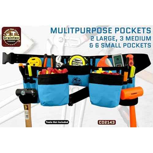 Graintex CD2143 11 Pocket Finisher Tool Apron Royal Blue Color Rip-stop Canvas for Constructors, Electricians, Plumbers, Handymen