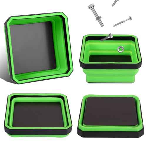 Collapsible Magnetic Parts Tray Set, 4 Pack New Version Magnetic Tool Trays for Screw Bolts Nuts Washers Pins & Small Metal Parts-4.5¡± Square Silicone Bowls with Double Sided Magnetic Base(Green)
