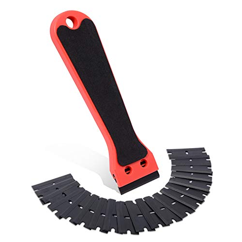 FOSHIO 6 Inch Plastic Scraper with 20 PCS Plastic Razor Blades, Scraper Tool for Sticker, Gasket, Label Remover (Red)