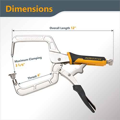 POWERTEC Pocket Hole Clamp, Quick Release 12¡± Right Angle Clamp for Pocket Hole Joinery, Vise Grip Clamps w/Ergonomic Grip & Swivel Pad, Clamps for Woodworking, DIY, Drawer Making - 2PCs (71744)