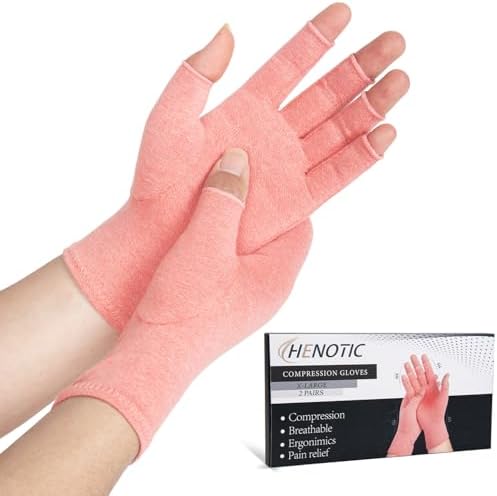 2 Pairs Arthritis Compression Gloves for Women Men, Fingerless Breathable & Moisture Wicking Compression Gloves for Relieving Carpal Tunnel Aches, Rheumatoid Pains, Joint Swell Pink XL
