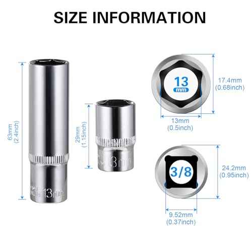 4-Piece 13mm Socket Set, 3/8-Inch Drive, 6-Point, Deep & Shallow Sockets, Corrosion Resistance, Compatible with Standard Ratchet Wrenches and Tools