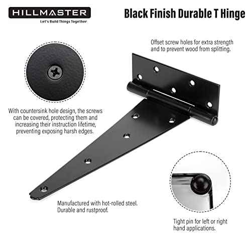 12 Inch T-Strap Heavy Duty Shed Door Hinges Gate Strap Hinges Black Tee Hinge Wrought Hardware for Wooden Fences,Yard,Barn Door,Rustproof (6 Pack)