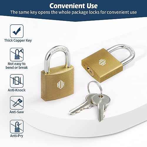 HOX 6-Pack Keyed Padlock, Waterproof and Rustproof, Solid Brass Lock with 1-1/4" Wide Body, Padlock with Keys for Storage Unit, Sheds, Garages and Fence