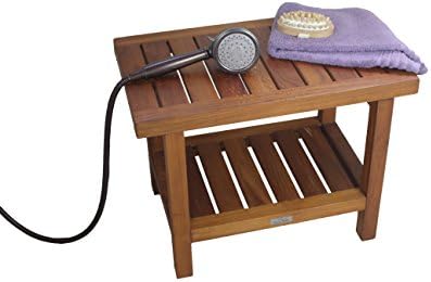 The Original 24" Spa Teak Shower Bench with Shelf & AquaTeak Two-Step Care Kit