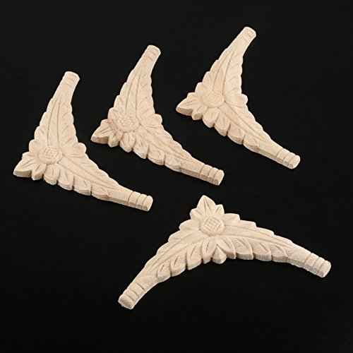 MUXSAM Flower Wood Carved Onlay Appliques Corner Decals, 4-Pack Unpainted Wooden Carvings Decorative Decals for Wall Fireplace Dresser Cupboard Wardrobe Closet Vent Hood Cover(10x10cm/3.94"x3.94")