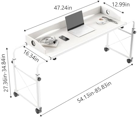 Overbed Table with Wheels, Overbed Desk with Adjustable Length and Height, Rolling Over Bed Desk, King Queen Over The Bed Table on Wheels, Heavy Duty Laptop Table for Hospital and Home (White, 1.2M)