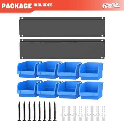 TORACK Wall-Mounted Storage Bins - 8 Plastic Bins & 2 Metal Tracks for Tools Organization in Garage, Craft Room, and Shop(Blue)