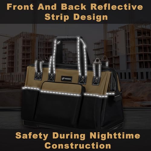 20 IN Large Tool Bag For Men Heavy Duty, Drill Bag Tool Bag Organizer, Wide Mouth Waterproof Hard Bottom Multiple Pockets Tool Tote, Tool Caddy, Maintenance