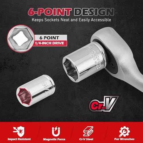 12-Piece 1/4" Drive SAE Standard Socket Set 5/32" to 9/16" with 1-Piece Magnetic Organizer Rail Rack, Premium 6-Point Shallow Socket Assortment Include a 3/8" to 1/4" Adapter