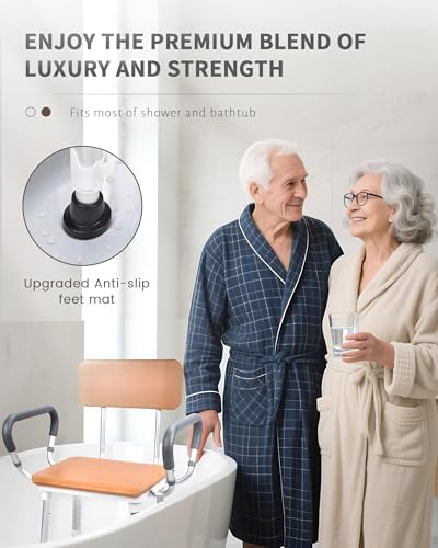 Sangohe Shower Chair for Inside Shower, Shower Chair with Wood Seat Board and Back, Height Adjustable Shower Chair for Elderly and Disabled, 400 lbs Heavy Duty Shower Seat for Seniors, 796D-A