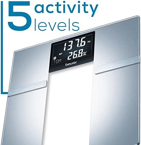 Beurer BF720 Smart Scale for Body Weight, Body Fat, Body Water & More – 400 lb Capacity, Bluetooth App, Calorie Data, User Recognition, XL LCD Display, Glass Digital Bathroom Scale – Grey