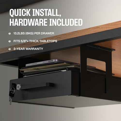 Under Desk Drawer Slide-Out ? Lockable Metal Storage Drawer with Cable Management for Office & Home (Single, Bracketed)