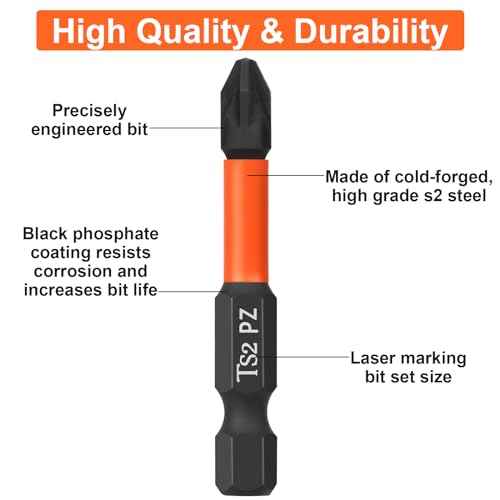 Pro PZ2 Screwdriver Bit Set - Pozi Screwdriver 10 Pieces, 50mm Length, 1/4" Hex Shank Bit Assortment, with Storage Box