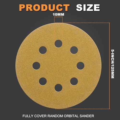 50Pcs 5-Inch Premium Sanding Discs Hook & Loop 8-Hole:60-320 Assorted Grit Round Sandpaper for Random Orbital Sander Woodworking Finishing/Automotive Polishing/Metal Sanding