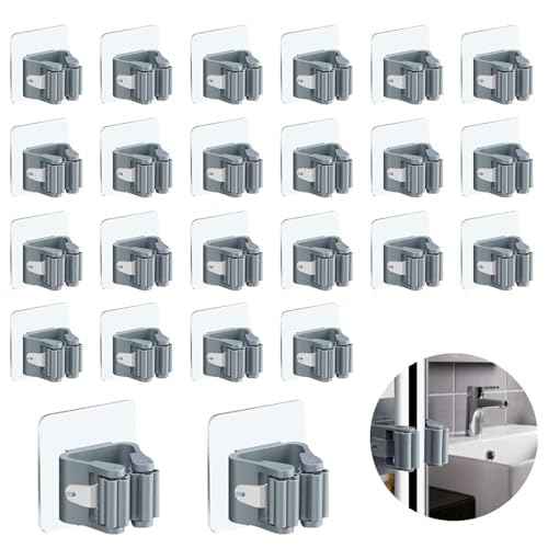3-H 24-Pack Self Adhesive Broom Holder Wall Mount - Heavy Duty No Drill Broom Organizer for Garage Closet Kitchen, Plastic Storage Rack for Brooms Mops Tools, Peel and Stick Adhesive, Grey