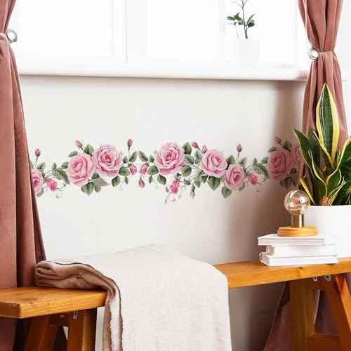 Pink Siren Rose Flower Vine Wall Stickers, sacinora Floral Art Botanical Wall Decals Removable Vinyl Peel and Stick for Furniture Door Living Room Bedroom Nursery Decorations