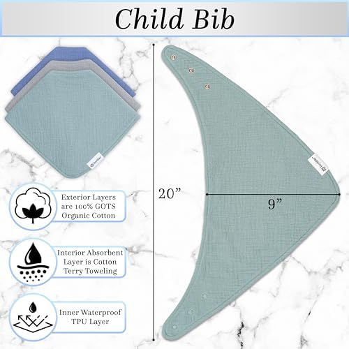 Bandana Bibs with 3 Waterproof Lining Organic Cotton Drool Bibs for Adults and Children, Adjustable Snaps