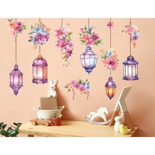 Hanging Flower Vine Wall Stickers Floral and Lamp Peel and Stick Wall Art Decals Flower Vine Wall Decor for Living Room Bedroom TV Background Spring Party Decoration