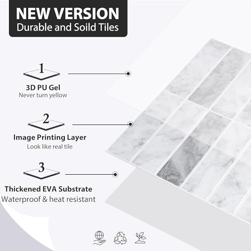 ReWallpaper Marble Peel and Stick Backsplash Waterproof Kitchen Tiles for Wall 12"x12" Removable Grey White Rectangular Subway Tile Self Adhesive Stick on Backsplash for Kitchen Laundry Rooms 3-Sheet