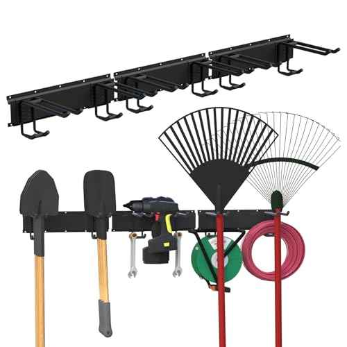 Wall Mount Garage Storage | Garden Tool Organizer | 350 lb Capacity Adjustable Steel Rails with 6 Rubber-Coated Hangers | Rustproof Carbon Steel Storage Rack for Garage, Shed & Outdoor Tools