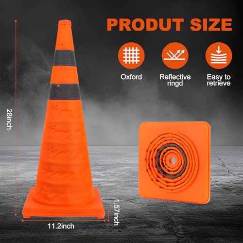 2 Pack Safety Cones 28 Inch Collapsible Orange Traffic Cones, Reflective Cones for Driving Training, Multifunctional Pop up Safety Cone, Foldable Traffic Cone for Sports Parking Cones,Caution Cones