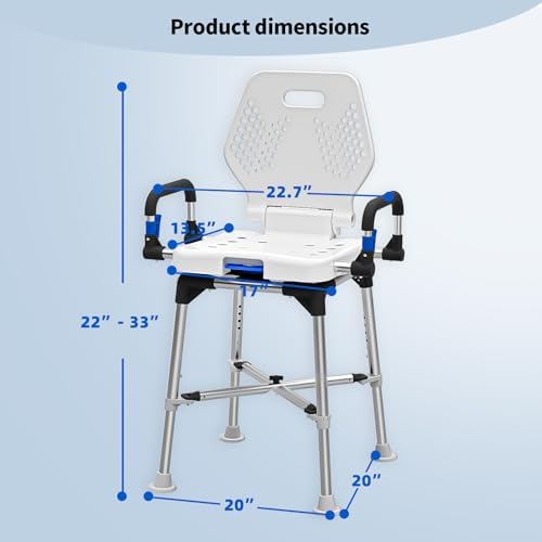 Swive Shower Chair for Seniros Elderly Disabled or Bariatric Adults with Arms and Back, Bench Seat for Inside Shower Stall and Bathroom Bath Tub Seats Adjustable Stool Heavy Duty 500 lbs sit Chairs