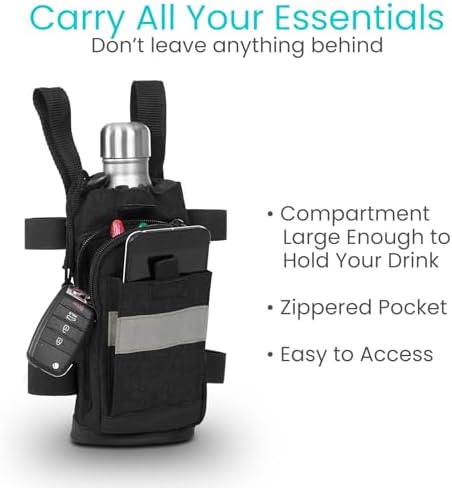 Vive Crutch Accessories Bag - Pouch for Crutches - Accessory Storage Carry Kit for Women, Men, Adults, Kids - Cup and Bottle Pocket Holder with Ergonomic Design (Black)
