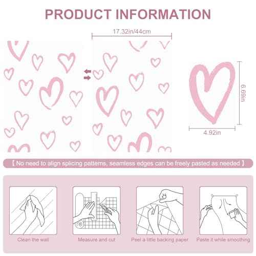 SOON AFTER White and Pink Contact Paper Heart Wallpaper Peel and Stick Wallpaper Modern Removable Self Adhesive Waterproof Wall Paper for Bedroom Kids Room Nurseryls 17.3"x120"