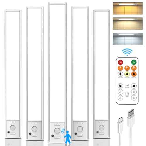 Under Cabinet Lights Wireless, 12'' Rechargeable Motion Sensor Light Indoor, 3 Color Temperature Dimmable Closet Lighting with Remote, Under Counter Lights for Kitchen, Pantry, Stairs, Wardrobe