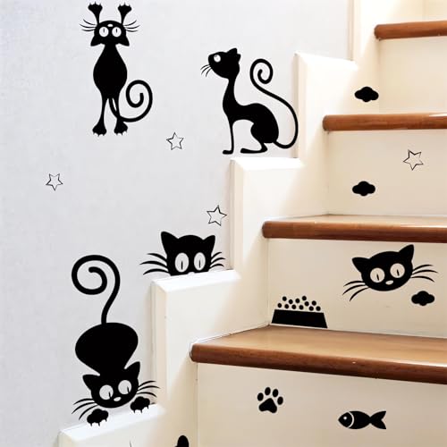 Cute Black Kittens Wall Stickers, sacinora Cat Paw Print Star Cloud DIY Wall Decals Removable Vinyl Peel and Stick for Bedroom Nursery Study Room Playroom Furniture Step Art Home Decorations