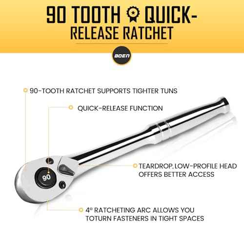 boen 1/4-Inch Drive Ratchet, 90-Tooth Quick-Release Ratchet Wrench, 4-Degree Swing, Reversible, Chrome Alloy Made, Full Polished
