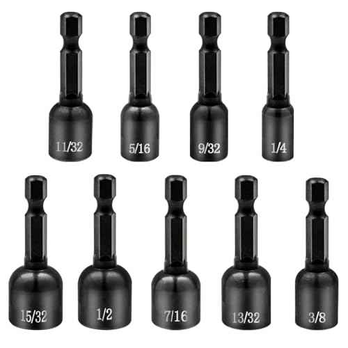 9-PCS Magnetic Nut Driver Set - Impact Nut Driver Bit Set for Impact Drill, SAE, Drill Socket Set, 1/4 Inch Hex Shank, Cr-V Steel