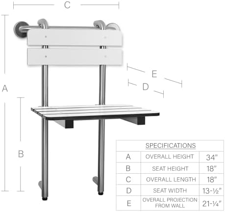 Portable Hanging Profile Bench Shower Seat with 18-inch Grab Bar, Grab Bar Supported, Stainless Steel, White
