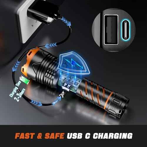 Super Bright Flashlight High Lumens 3000 Rechargeable, Powerful Strong 50W LED, Long Lasting 15 Hours, Quick USB C Charge, Improved Single Click Design 3-Mode, LCD Display & Output, for Hiking Home
