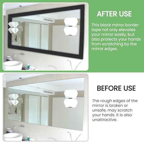 10M Black Mirror Border Wood Grain Wallpaper Border Removable PVC Peel and Stick Bathroom Mirror Frame Border Tape (Black, 3.1 Inch x 33FT)