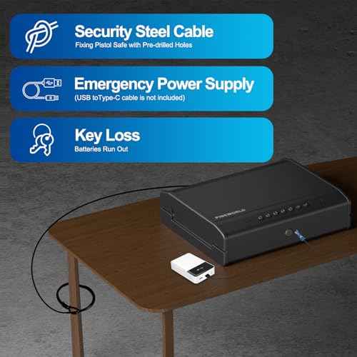 Biometric Gun Safe For Handgun, Pistol Safe with Fingerprint/Backlit Keypad/Keys, 3 Quick Access Handgun Safe fits 2-3 Pistols, Gun Case with Interior LED Cable for Nightstand Car Large Size