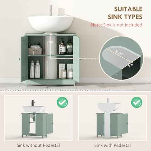 HOMCOM Under Sink Bathroom Cabinet, Pedestal Sink Storage Cabinet with 2 Doors, Shelf and U-Shape, Dark Green