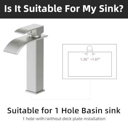 Rywuanku Tall Brushed Nicklel Bathroom Faucet Waterfall Spout, Single Handle Sink Faucet with Pop-up Drain & Deck Plate, Modern 1 Hole Vanity Faucet for RV, Farmhouse, Camper or Bathroom