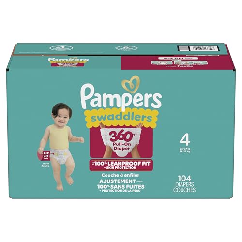 Pampers Diapers - Swaddlers 360° - Size 4, 104 Count, up to 100% Leakproof Comfy Dry Fit, Designed for Easy Changes, Pull On Baby Diaper (Packaging May Vary)